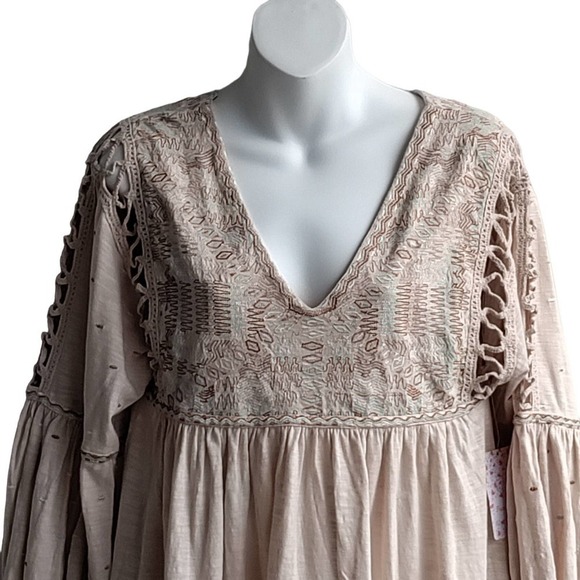 Free People Sm Salt Much Love Embroi Ladder Stitch Ruffle Trim Balloon Sleev Top - Picture 3 of 6
